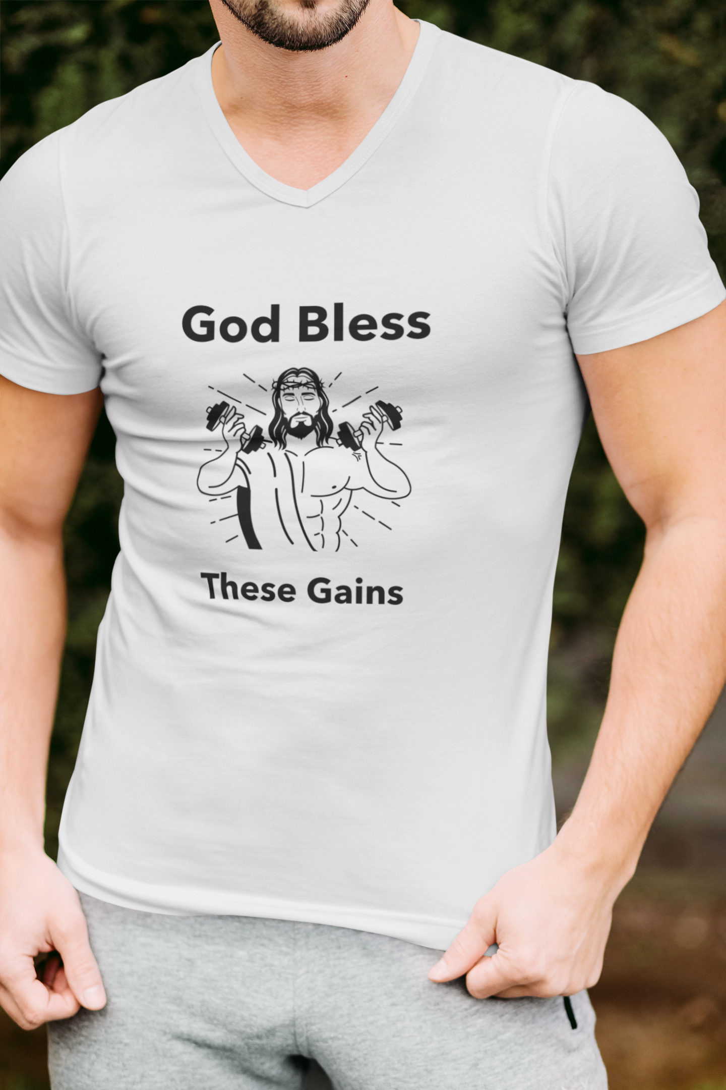 Sculpted Confidence: Men's Fitted V-Neck - God Bless These Gains